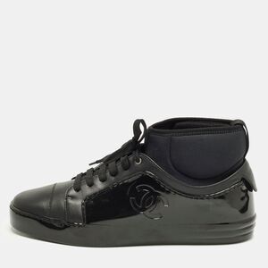 Chanel Size 41 Black Rubber And Leather Cc Mid Top Lace Up Sneakers